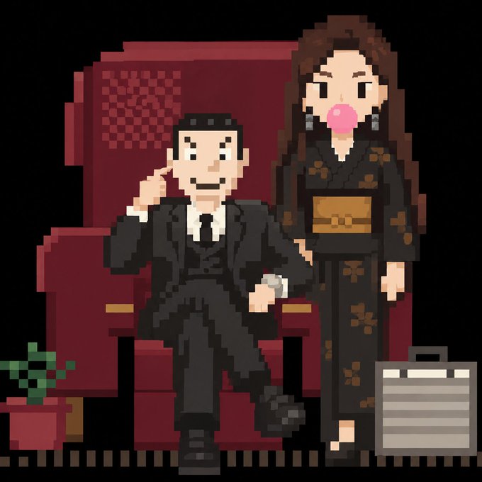 A pixel art image depicts a man in a black suit and a woman in a dark kimono with a pink bubblegum bubble, seated next to a briefcase.