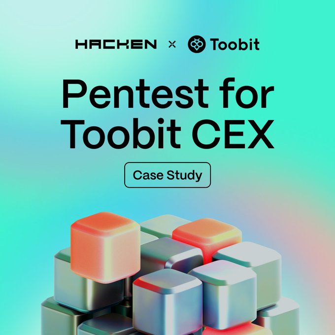 Promotional graphic for a cybersecurity case study titled "Pentest for Toobit CEX" featuring the Hacken and Toobit logos above 3D metallic cubes.