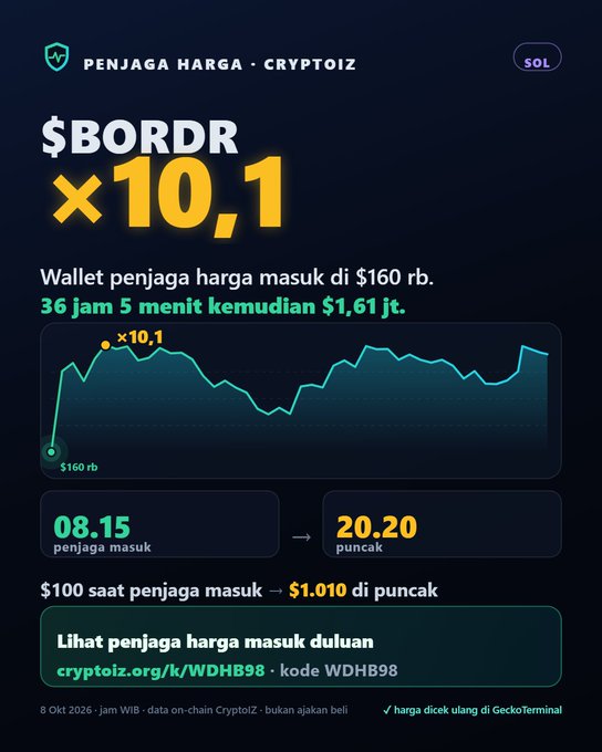 A crypto trading infographic titled '$BORDR x10,1' from Cryptoiz, showing a price chart where a wallet entered at $160 thousand and peaked 36 hours and 5 minutes later at $1.61 million.
