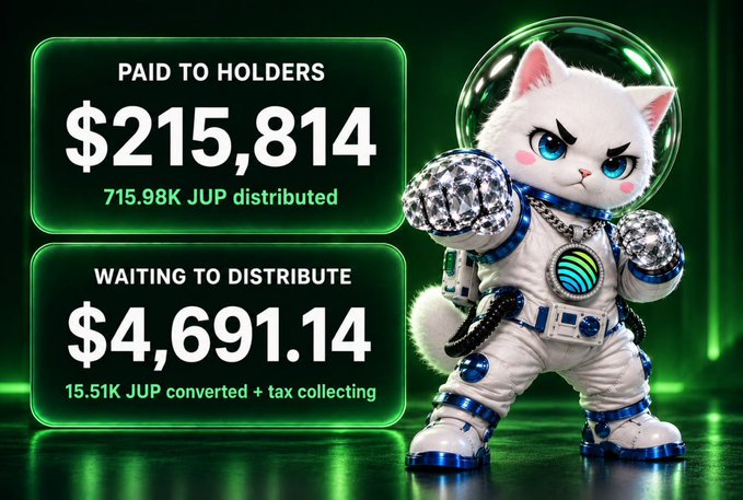 A promotional graphic shows an astronaut cat in a space helmet with fists raised, displaying 'PAID TO HOLDERS $215,814' and 'WAITING TO DISTRIBUTE $4,691.14' in JUP cryptocurrency.