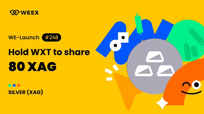 A WEEX promotional graphic for WE-Launch #248 announces that users who hold WXT will share 80 XAG (silver), featuring the WEEX logo, "Hold WXT to share 80 XAG" text, and colorful cartoon illustrations of silver bars and a smiling orange character.
