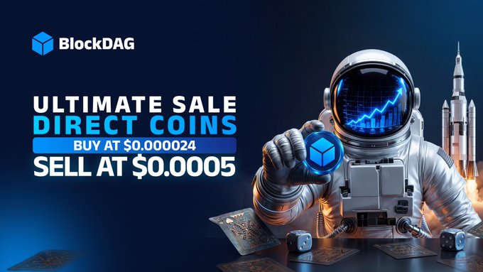 The image features a man dressed as an astronaut, holding a blue cube above his head with both hands. The background of the image is dark blue, and there are two rockets visible in the scene. Below the image, there's text that reads "Ultimate Sale Direct Coins Buy At $0.000024 SELL AT $0.000521 X HIGHER SELL PRICE NO COMPRESSION. NO COMPLEX RULES. NO". The main focus of this post is to promote a coin sale and direct coins feature, with the astronaut image as an eye-catching element that draws attention to the offer.