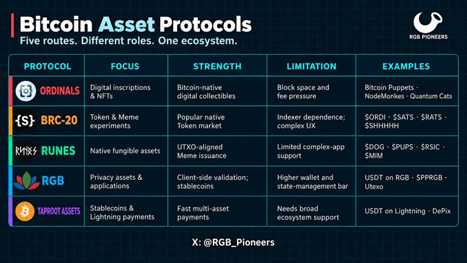 A chart titled 'Bitcoin Asset Protocols' from RGB Pioneers compares Ordinals, BRC-20, RUNES, RGB, and Taproot Assets.