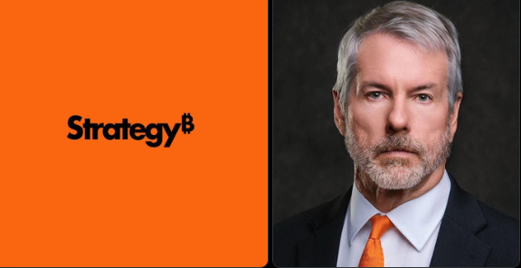 The image shows the orange "Strategy" company logo beside a portrait of a silver-haired, bearded man in a dark suit and orange tie, identified as Michael Saylor, Executive Chairman of Strategy (formerly MicroStrategy). The post references Strategy's proposal for daily dividends on their preferred stocks $STRF, $STRC, $STRK, and $STRD.