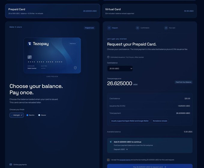 A dark-themed financial interface for 'Tezopay' showing a Prepaid Card option and a Virtual Card request form with a total payment of 26.625000 USDC.