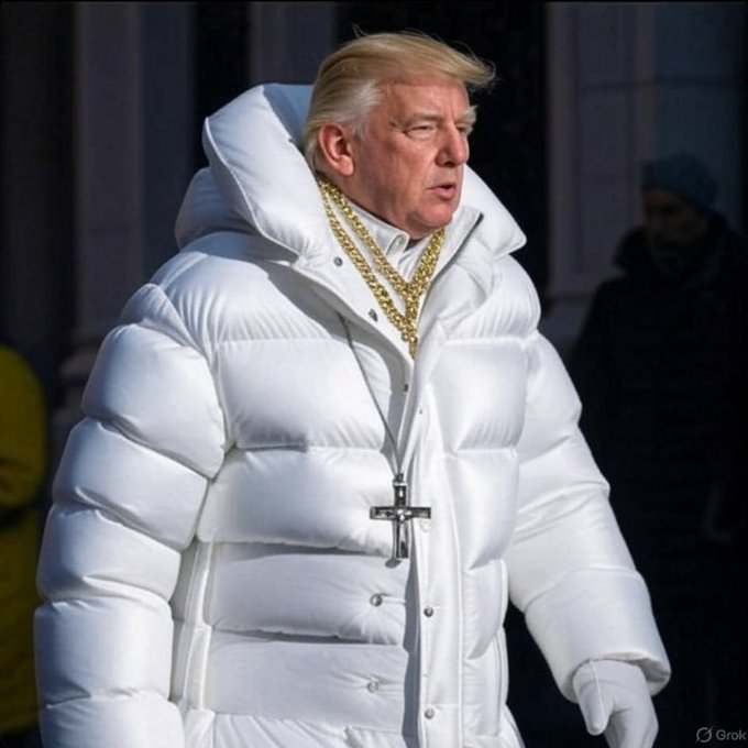 A man with blonde hair wears a large white puffer jacket accessorized with a gold chain and cross necklace, standing outdoors. The image satirizes the "$ANSEM" crypto meme culture by mocking the "touch grass" advice with an absurdly overdressed figure who appears completely detached from reality.