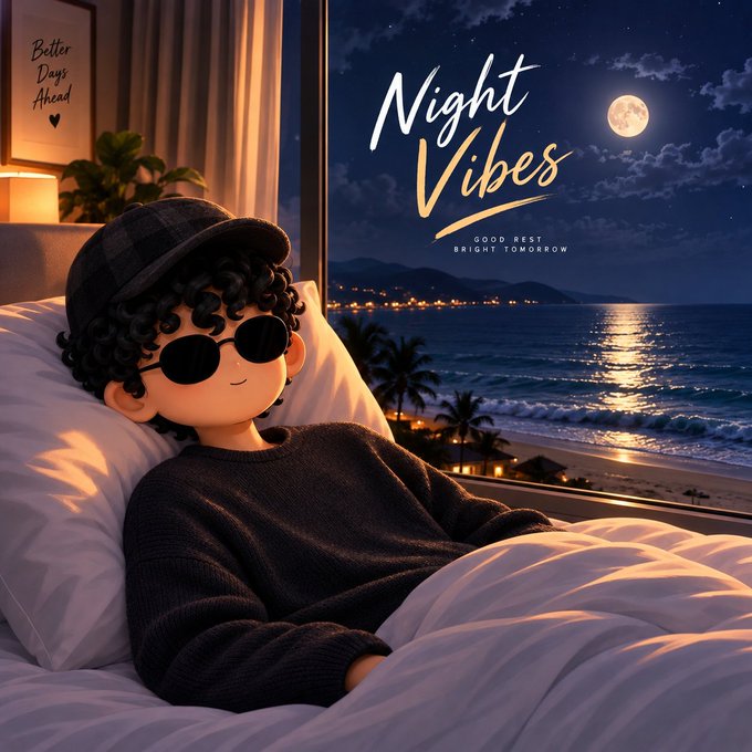 An illustrated cartoon character wearing a cap and sunglasses lies in bed by a window with an ocean view under a full moon, with text reading 'Better Days Ahead', 'Night Vibes', and 'GOOD REST BRIGHT TOMORROW'.