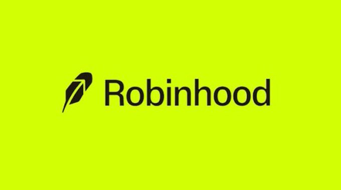 The Robinhood logo, featuring a black feather icon next to the "Robinhood" wordmark, is displayed against a bright lime-green background. The image relates to the announcement by visually highlighting the Robinhood brand, the platform that has just expanded its support for Dogecoin to users in the E.U.