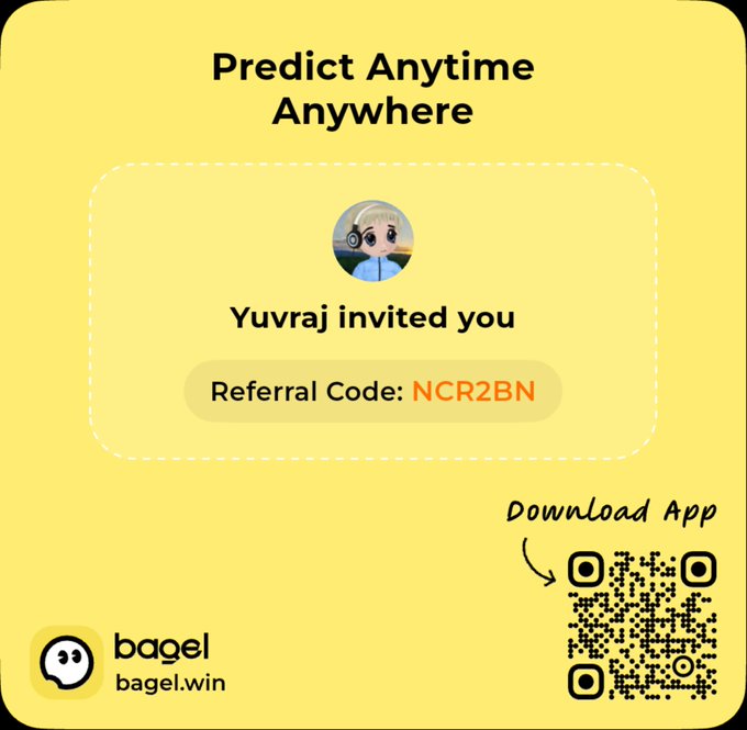 A bright yellow referral invitation card for the "bagel" app (bagel.win) features the headline "Predict Anytime Anywhere," showing that user Yuvraj has invited you with referral code "NCR2BN," alongside a cartoon avatar, a download QR code, and the bagel logo, directly supporting the post's promotion of an accessible, fun prediction market platform for real-time wagering on everyday events.