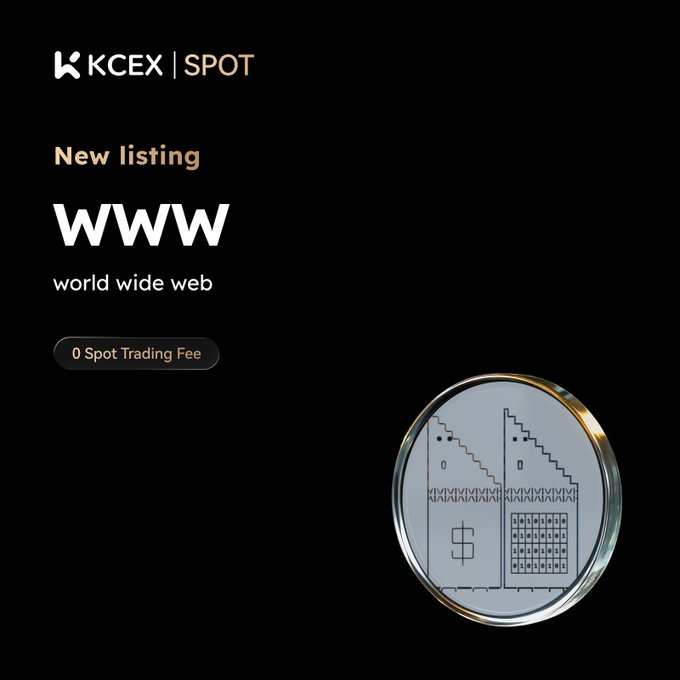 A KCEX Spot new listing announcement for the meme token "WWW" (world wide web), highlighting a 0 Spot Trading Fee promotion, accompanied by a silver coin-style graphic displaying pixelated internet/WWW iconography that reflects the token's theme.