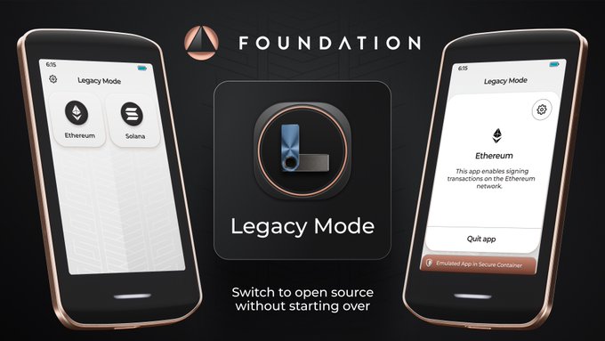 Promotional graphic for the Foundation app's 'Legacy Mode,' displayed on two smartphones with the text 'FOUNDATION' and 'Switch to open source without starting over' alongside Ethereum and Solana network options.