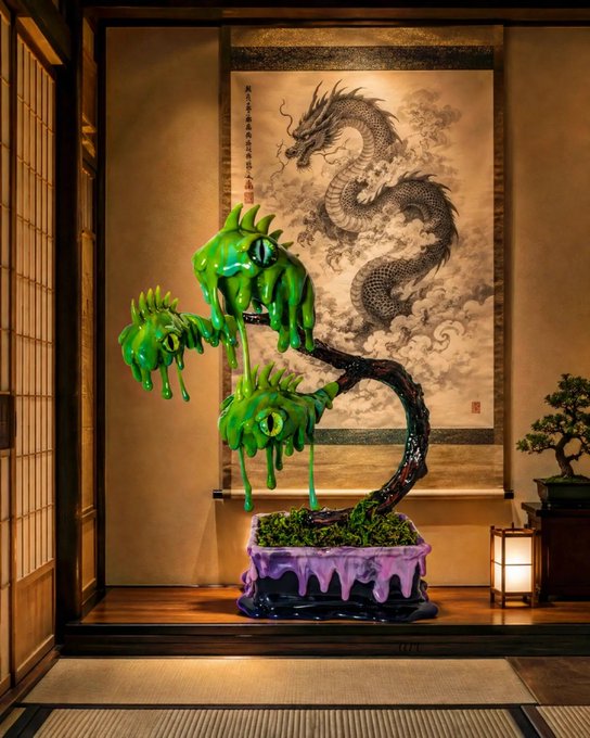 A green melting skull bonsai tree sculpture with dripping slime displayed in front of a traditional Chinese dragon scroll painting in a tatami room setting.