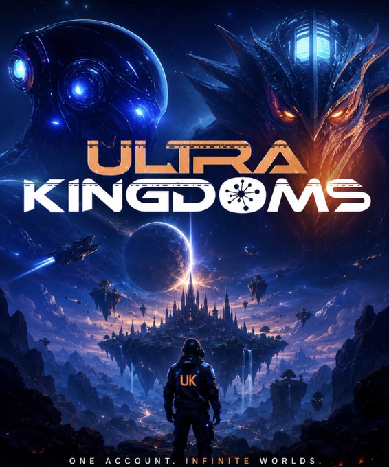 Sci-fi promotional artwork titled 'ULTRA KINGDOMS' with the tagline 'ONE ACCOUNT. INFINITE WORLDS.', depicting an astronaut looking toward a floating kingdom with a large armored face looming overhead.