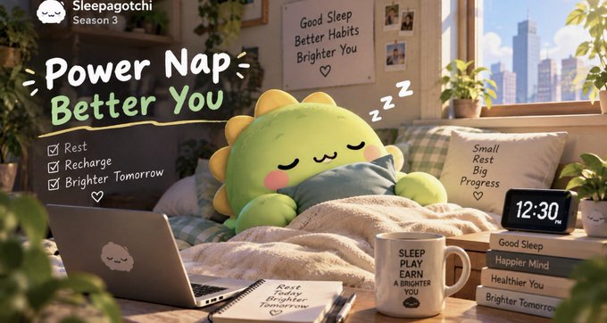 A promotional graphic featuring a cute green sleeping dinosaur plushie on a cozy couch, with text reading 'Sleepagotchi Season 3', 'Power Nap Better You', 'Rest', 'Recharge', and 'Brighter Tomorrow'.