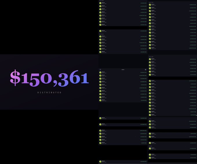 A screen showing '$150,361 DISTRIBUTED' alongside what appears to be a list of recipients and amounts, likely from a cryptocurrency or money distribution site.