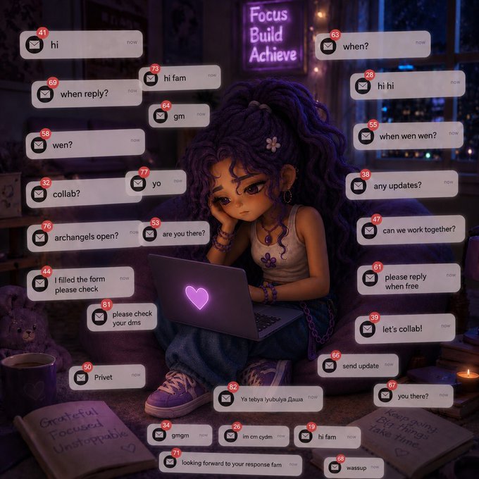 A cartoon girl with purple hair sits at a glowing laptop displaying a heart, surrounded by dozens of unread message notifications with messages like "hi fam," "when reply?," "I filled the form please check," and "let's collab!"—visually capturing the chaotic DMs overwhelming the poster after Arc mainnet went live, while journaling pages reading "Grateful Focused Unstoppable" and "Keep going Big things take time" emphasize perseverance through the grind.