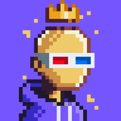 A pixel art character with blonde hair wearing 3D glasses (one red, one blue) and a gold crown against a purple background with yellow sparkle accents.