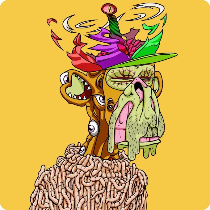 A surreal cartoon character with a long, drooping green face and multiple mismatched eyes, wearing a colorful hat and emerging from a mass of tangled intestines against a yellow background.