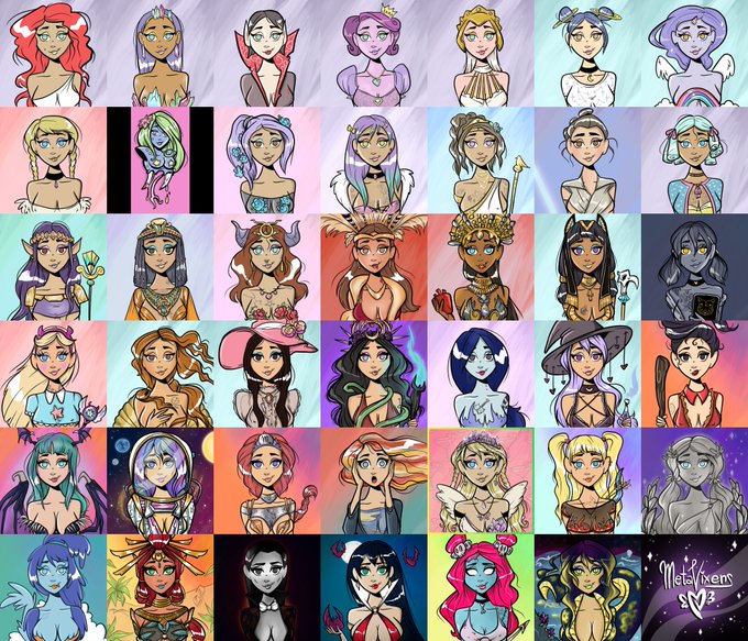 A grid of 40 colorful, hand-drawn female character portraits with diverse features, fantasy elements, and ethereal aesthetics, signed "MetaVixens SV3" in the bottom right corner, showcasing the NFT collection highlighted by the artist @theinkedminkNFT as a legendary original project in the space.