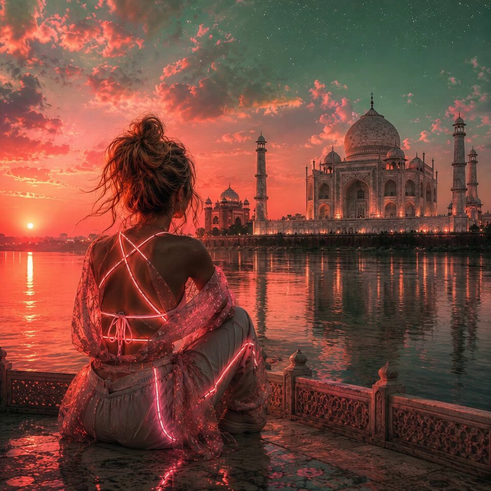 The image features a woman sitting by a body of water at sunset with the Taj Mahal in the background. The woman has her hair styled in an updo, adding elegance to the scene. She is wearing a pink dress that contrasts beautifully against the warm hues of the setting sun and the vibrant colors of the sky. The image also includes text elements related to Bitcoin, Solana, and sleep, which may be part of a social media post or advertisement.