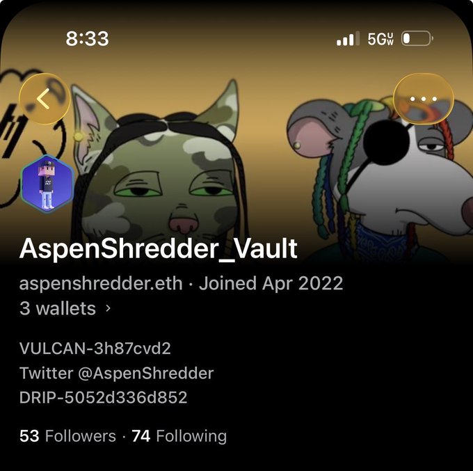 A profile page screenshot for 'AspenShredder_Vault' (aspenshredder.eth) showing cartoon animal avatars, joined April 2022, with 53 followers and 74 following, displaying wallet addresses and Twitter handle @AspenShredder.