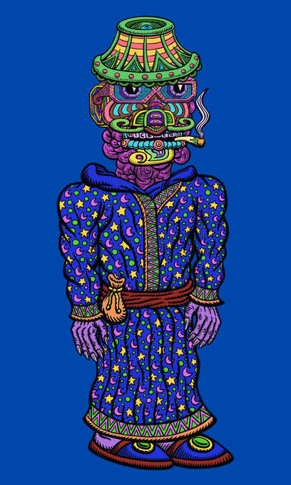 A vibrant, psychedelic illustration of a purple-skinned character wearing an ornate green headdress and a colorful, patterned robe, smoking a pipe against a solid blue background.