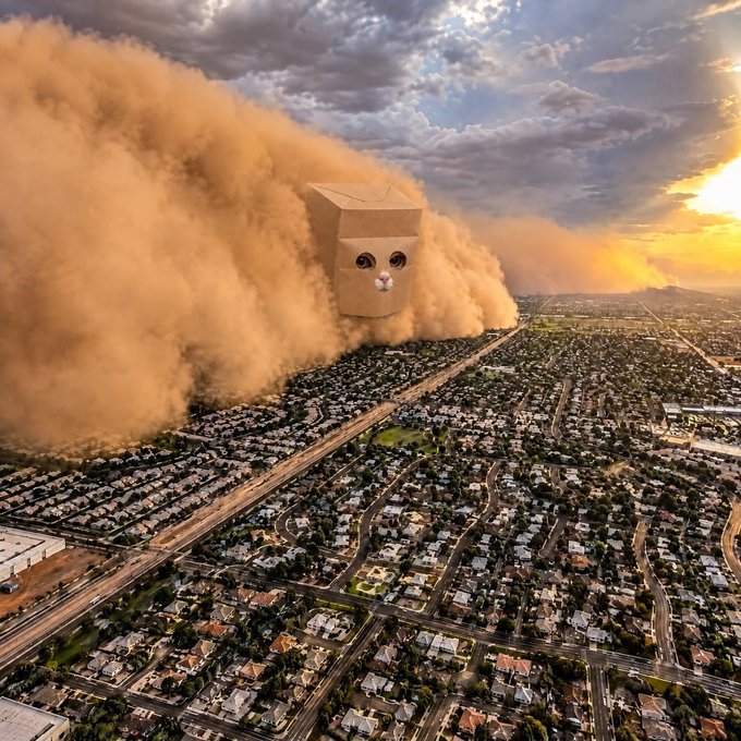 A giant cardboard box with googly eyes and a bunny nose rolls through a town, kicking up a massive dust storm under a dramatic sunset sky. The whimsical, surreal scene plays on the "box bunny" or "bunny in a box" trend, hinting at an unexpected or surprising next move.
