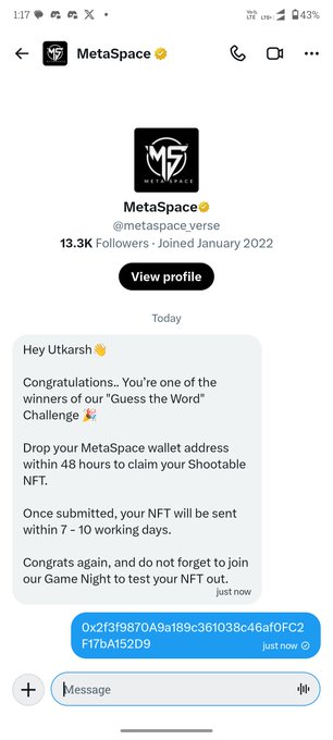 A Twitter/X DM from 'MetaSpace' (@metaspace.verse) congratulating Utkarsh on winning a 'Guess the Word' Challenge NFT drop, with a wallet address provided.