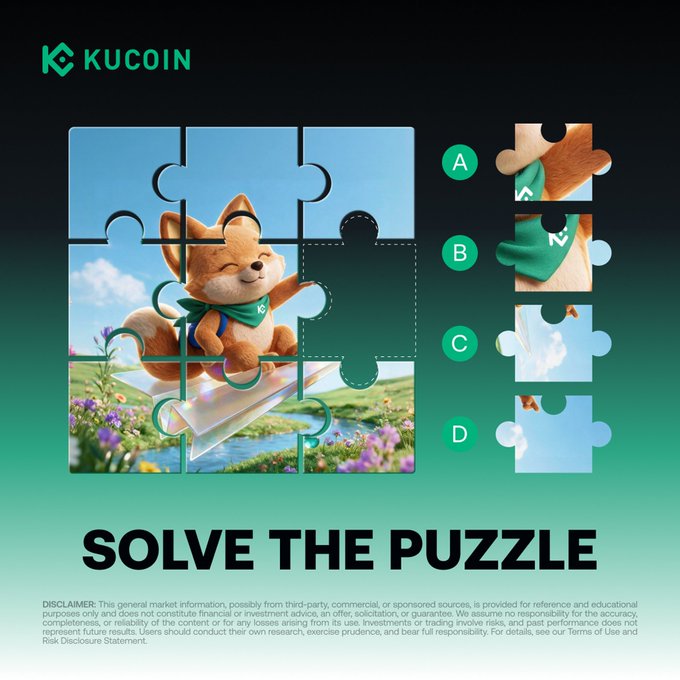 A KuCoin promotional puzzle game featuring a cartoon fox mascot riding a paper airplane through a jigsaw, inviting users to "SOLVE THE PUZZLE" by selecting the correct missing piece from options A–D, with a hashtag challenge (#KuKu #KuCoin) rewarding early correct responders with a shoutout.