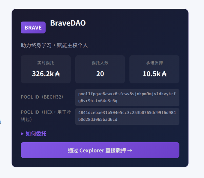 The image shows a BraveDAO staking pool dashboard displaying real-time statistics: 326.2k A in active delegations, 20 delegators, and 10.5k A in pledge, along with bech32 and hex Pool IDs. This relates to the accompanying post about fixing a Koios data lag bug to now provide real-time staking feedback and automatic permission grants for the BRAVE pool.