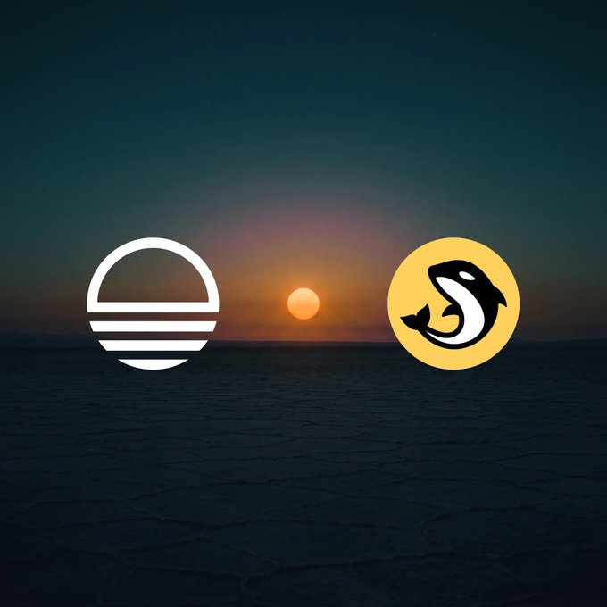 A dark landscape with a setting or rising sun over water, featuring two logos: a white circular emblem with horizontal stripes on the left and a yellow circle containing a stylized black and white orca on the right.