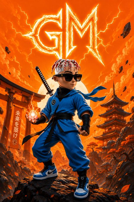 A stylized digital artwork featuring a baby in a blue ninja outfit and sneakers wielding a katana, set against an orange sky with the word "GM" displayed prominently at the top.