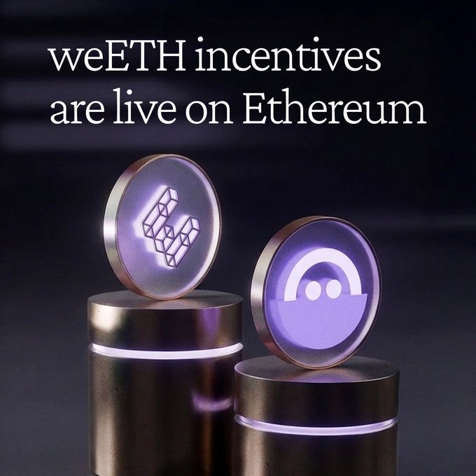 A promotional graphic with the text 'weETH incentives are live on Ethereum' displayed above two metallic podiums holding purple-lit circular icons featuring a geometric logo and a smiley-face-like emblem.