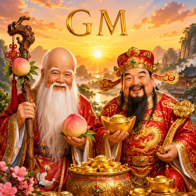 An AI-generated image showing two smiling, bearded men in traditional red and gold robes holding peaches and gold ingots, with 'GM' written in gold letters at the top against a sunset landscape.