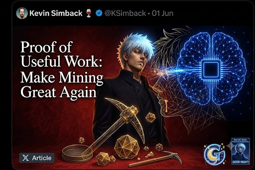 The image is a post by Kevin Simback (@KSimback) titled "Proof of Useful Work: Make Mining Great Again," featuring a stylized character with white hair alongside a glowing blue brain illustration and mining-themed imagery like a pickaxe and geometric crystals. The accompanying tweet from "X Family" highlights how Proof of Useful Work from @quipnetwork replaces wasteful hash mining with solving real optimization problems like DeFi routing, arbitrage, and portfolio balancing—visually reinforcing the shift from traditional energy-burning mining to meaningful computational work.