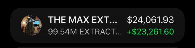 A dark interface panel shows an account labeled 'THE MAX EXT...' with a balance of $24,061.93 and a recent extract of '+$23,261.60' in green.