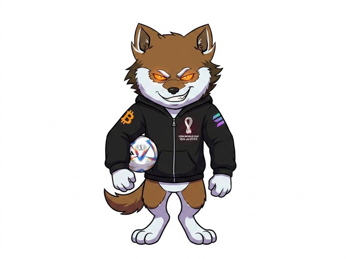 The image features a cartoon dog wearing a black jacket with a hoodie and holding a soccer ball, possibly representing a player or a sports enthusiast. The caption above the image reads "My guess is that a lot of capital and attention is currently tied up around the World Cup. Once that catalyst passes, Bitcoin and high-conviction Rune projects like $DOG and $LOBO could benefit from capital rotation." This suggests that the dog's outfit and soccer ball might be related to a sports event or promotion for a specific project.