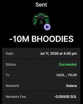 A crypto transaction screenshot confirms the successful transfer of -10M $BHOODIES tokens on the Solana network to wallet HeSL...Y9JW on July 11, 2026, with a network fee of -0.00008 SOL. The image serves as visual proof of a completed $BHOODIES airdrop claim, directly supporting the accompanying post announcing that the airdrop is live and encouraging users to submit their $SOL wallet addresses to participate.