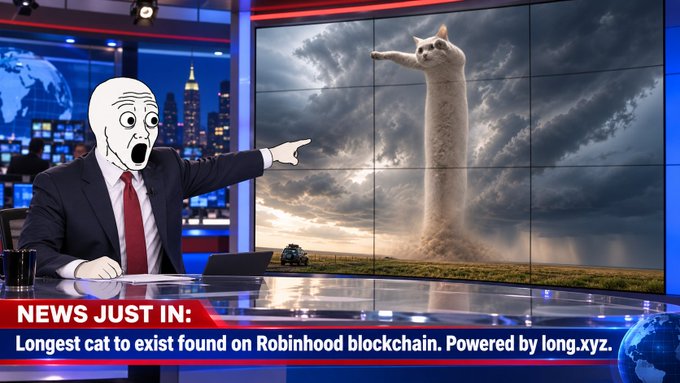 A satirical news graphic showing a shocked Wojak-style character pointing at a giant tower-shaped cat on a screen, with the breaking news ticker reading: 'NEWS JUST IN: Longest cat to exist found on Robinhood blockchain. Powered by long.xyz'