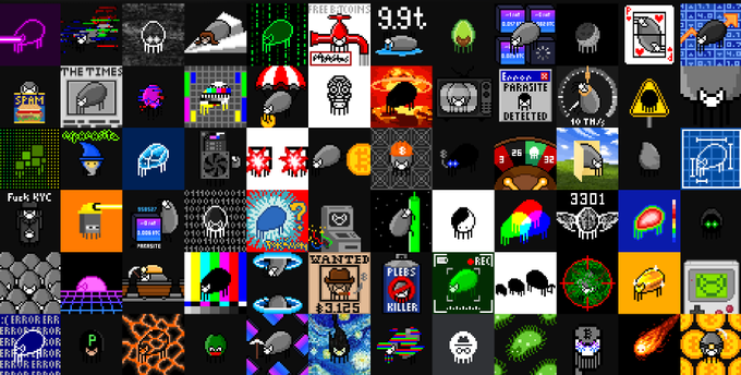 A collage of various small pixel art images featuring characters, scenes, and game-related graphics.