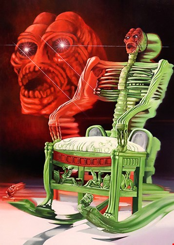 A vibrant, surreal painting shows a skeletal figure sitting in an ornate green rocking chair, with a large, monstrous red face looming in the background.