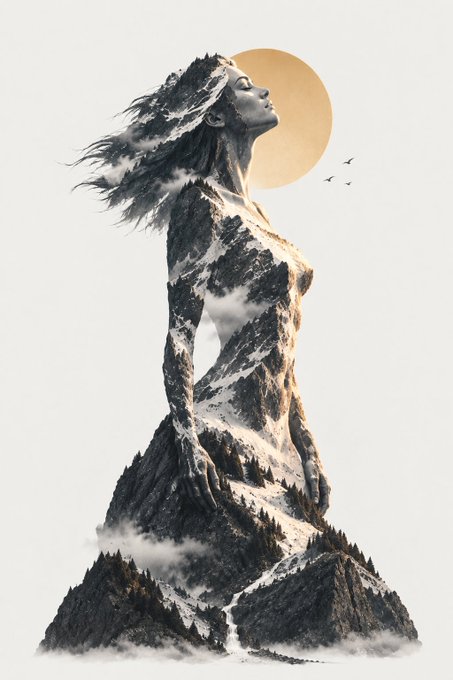 A surreal digital artwork depicting a female silhouette composed of mountain ranges, forests, and clouds, with her head tilted back against a golden sun and birds flying nearby.