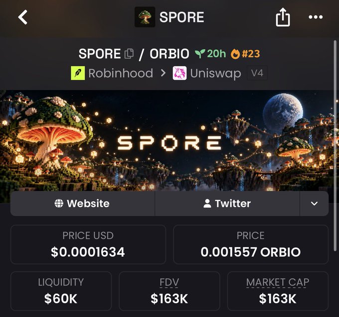 The image shows a token page for SPORE, priced at $0.0001634 USD (0.001557 ORBIO), with a liquidity of $60K and FDV/market cap of $163K, and indicates the SPORE/ORBIO trading pair is available on Robinhood and Uniswap V4. The post describes $SPORE as a credit governance layer built on top of $ORBIO, which aligns with the token's role as a project within the ORBIO ecosystem shown in the image.