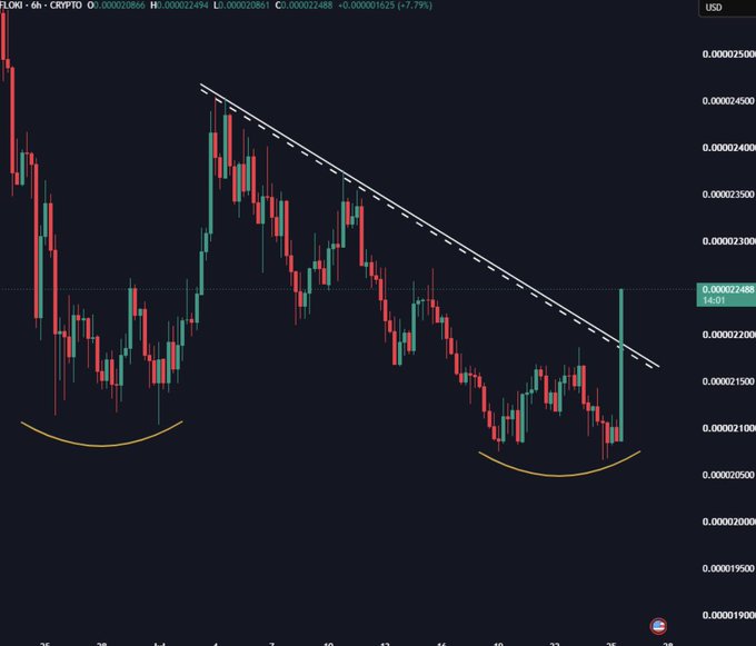 A 6-hour candlestick chart of FLOKI/USD showing a breakout above a descending trendline, with the current price at 0.000022494 and a notable large green candle pushing toward the targeted resistance level of 0.000024500.