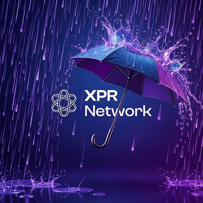 A promotional graphic for XPR Network featuring a purple umbrella in the rain with the network's logo and text.