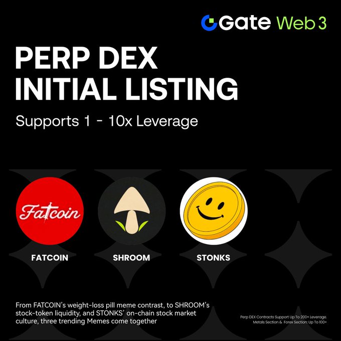 Gate Web3 announces a Perp DEX Initial Listing supporting 1-10x leverage, featuring three trending meme tokens—FATCOIN (red logo), SHROOM (mushroom icon), and STONKS (smiley face coin)—with trading pairs of FATCOIN/USDT, SHROOM/USDT, and STONKS/USDT now open on the platform's Robinhood Zone.