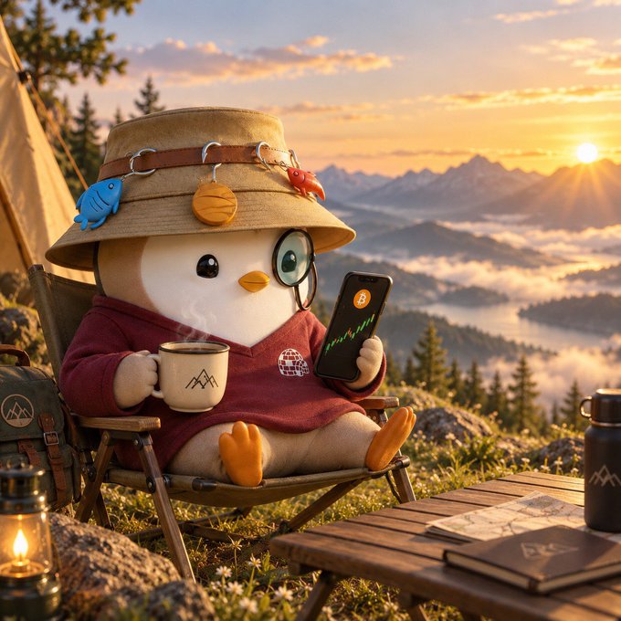 An AI-generated illustration shows a cute chick character wearing a safari hat with charms, sitting in a camping chair with a mug and phone displaying a trading chart, set against a mountain sunset landscape.
