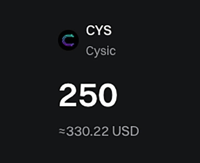 The image shows a crypto wallet display indicating a balance of 250 CYS (Cysic) tokens, valued at approximately $330.22 USD. This visually corresponds to the post, which highlights Cysic's price surge from $60 to $330, reflecting the significant gain the user realized from their free airdrop.