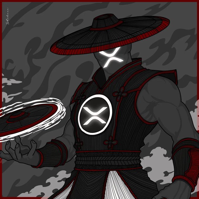 An illustration of a samurai character in dark armor with red trim and a wide straw hat, featuring the XRP logo prominently on the chest and face mask.