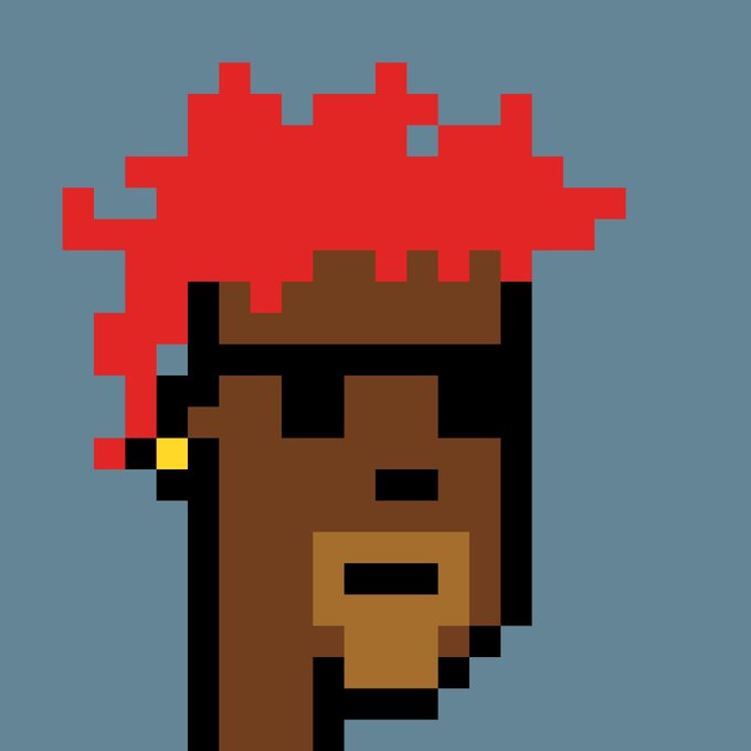 Pixel art portrait of a person with dark skin, a red voluminous hair, and a yellow hoop earring against a gray background.